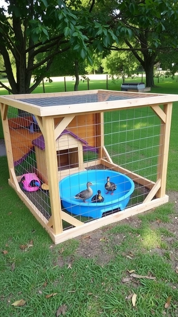 Building a Duck Enclosure A duck enclosure with wooden frame, wire mesh, shelter, and kiddie pool surrounded by grass and trees.